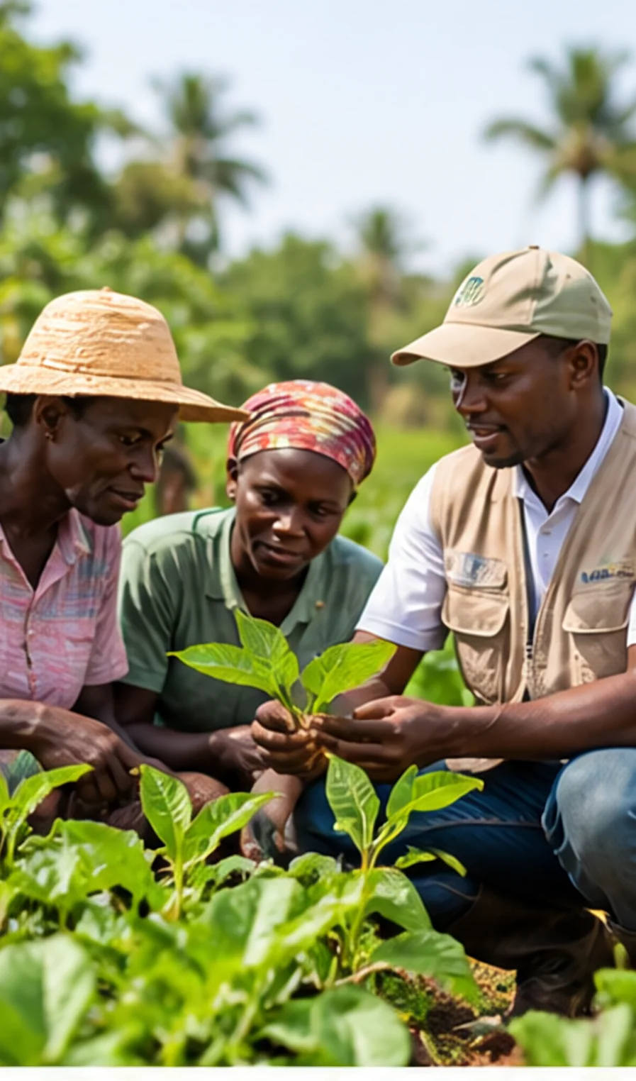 Técnico agrícola com agricultores e plantas jovens