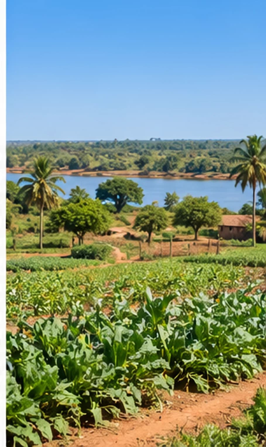 Campos cultivados junto a um rio na região de Biombo